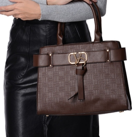 Chocolate Faux Leather Satchel Bag with Strap - Picture 2 of 4
